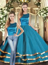 Sumptuous Tulle Scoop Sleeveless Lace Up Ruffled Layers Quince Ball Gowns in Teal 