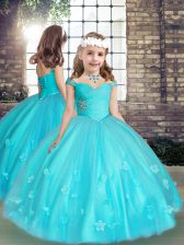 Sweet Aqua Blue Tulle Lace Up Pageant Dress for Womens Sleeveless Floor Length Beading and Hand Made Flower