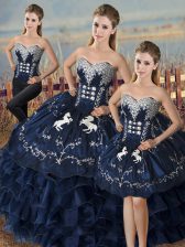 Sumptuous Embroidery and Ruffles Sweet 16 Dress Navy Blue Lace Up Sleeveless Floor Length