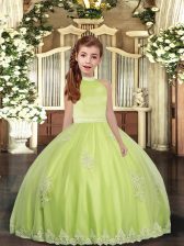  Yellow Green Ball Gowns Halter Top Sleeveless Tulle Floor Length Backless Beading and Appliques Evening Gowns
