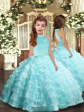 Custom Design Floor Length Aqua Blue Little Girl Pageant Dress Halter Top Sleeveless Backless