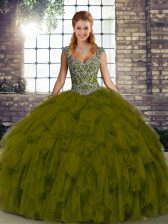 Fabulous Olive Green Quinceanera Gown Military Ball and Sweet 16 and Quinceanera with Beading and Ruffles Straps Sleeveless Lace Up
