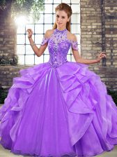 Flare Lavender Sleeveless Organza Lace Up Sweet 16 Quinceanera Dress for Military Ball and Sweet 16 and Quinceanera