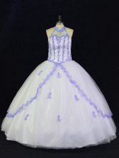 Low Price Halter Top Sleeveless Quinceanera Dresses Floor Length Appliques White And Purple Tulle
