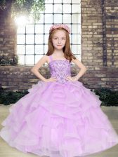  Sleeveless Tulle Floor Length Lace Up Kids Pageant Dress in Lavender with Beading and Ruffles