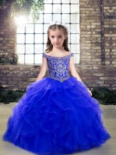  Royal Blue Off The Shoulder Neckline Beading and Ruffles Kids Pageant Dress Sleeveless Lace Up