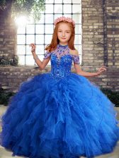 Superior Floor Length Blue Little Girls Pageant Gowns Tulle Sleeveless Beading and Ruffles