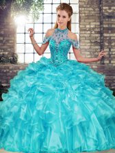Sexy Aqua Blue Ball Gowns Organza Halter Top Sleeveless Beading and Ruffles Floor Length Lace Up Sweet 16 Dresses