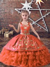  Orange Red Sleeveless Floor Length Embroidery and Ruffled Layers Lace Up Little Girls Pageant Gowns