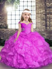 Trendy Lilac Organza Lace Up Straps Sleeveless Floor Length Little Girls Pageant Gowns Beading and Ruffles