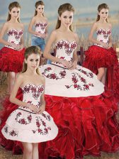 Flirting White And Red Lace Up 15 Quinceanera Dress Embroidery and Ruffles and Bowknot Sleeveless Floor Length