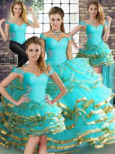  Aqua Blue Lace Up Off The Shoulder Beading and Ruffled Layers Sweet 16 Quinceanera Dress Tulle Sleeveless