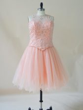 Flirting Pink A-line Beading Prom Party Dress Lace Up Organza Sleeveless Mini Length