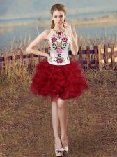  White And Red Organza Lace Up Scoop Sleeveless Mini Length Prom Evening Gown Embroidery and Ruffles