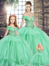 Clearance Off The Shoulder Sleeveless Quinceanera Gowns Floor Length Beading and Ruffles Apple Green Tulle