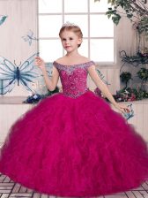 High Quality Off The Shoulder Sleeveless Little Girl Pageant Gowns Floor Length Beading and Ruffles Fuchsia Tulle