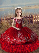 Low Price Red Off The Shoulder Neckline Embroidery and Ruffled Layers Kids Formal Wear Sleeveless Lace Up