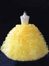 Fashion Yellow Girls Pageant Dresses Wedding Party with Beading and Ruffles and Pick Ups Straps Sleeveless Zipper