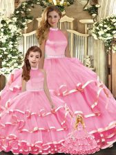 Elegant High-neck Sleeveless Quince Ball Gowns Floor Length Beading and Ruffled Layers Pink Organza