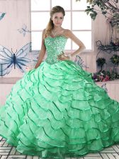  Apple Green Sweet 16 Dresses Sweet 16 and Quinceanera with Ruffled Layers Sweetheart Sleeveless Brush Train Lace Up