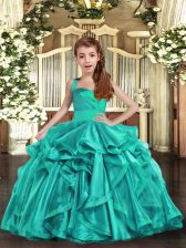 Unique Aqua Blue Ball Gowns Ruffles Child Pageant Dress Lace Up Organza Sleeveless Floor Length
