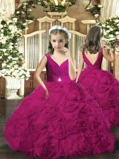  Sleeveless Fabric With Rolling Flowers Floor Length Backless Little Girls Pageant Dress in Fuchsia with Beading