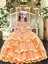 Custom Designed Floor Length Ball Gowns Sleeveless Orange Child Pageant Dress Lace Up