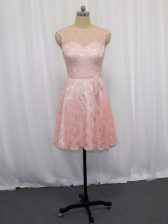 Custom Made Pink Empire Beading and Lace Evening Dress Zipper Lace Sleeveless Mini Length