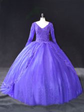  V-neck Long Sleeves Quince Ball Gowns Floor Length Lace and Appliques Purple Tulle