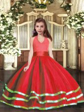 Gorgeous Red Kids Formal Wear Party and Wedding Party with Ruffled Layers Halter Top Sleeveless Lace Up
