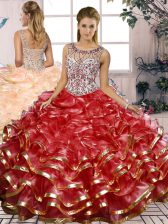  Red Ball Gowns Beading and Ruffles Ball Gown Prom Dress Lace Up Organza Sleeveless Floor Length