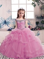  Beading Kids Pageant Dress Lilac Lace Up Sleeveless Floor Length