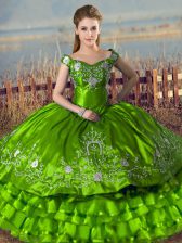 Flare Floor Length Green Quinceanera Dress Satin Sleeveless Embroidery and Ruffled Layers