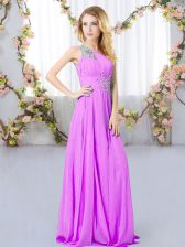 Stunning Lilac Empire Chiffon One Shoulder Sleeveless Beading Floor Length Zipper Dama Dress for Quinceanera