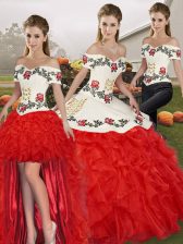 Colorful Three Pieces 15th Birthday Dress White And Red Off The Shoulder Organza Sleeveless Floor Length Lace Up