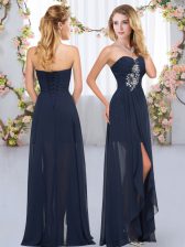 Attractive Floor Length Navy Blue Dama Dress for Quinceanera Chiffon Sleeveless Beading and Ruffles