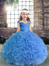  Blue Ball Gowns Spaghetti Straps Sleeveless Fabric With Rolling Flowers Floor Length Lace Up Beading and Ruching Little Girls Pageant Dress