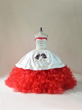 Deluxe Strapless Sleeveless Brush Train Lace Up Sweet 16 Dresses White And Red Satin and Organza