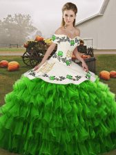  Floor Length Green Quince Ball Gowns Organza Sleeveless Embroidery and Ruffled Layers