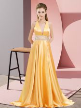 Glittering Gold Empire Beading Homecoming Dress Backless Elastic Woven Satin Sleeveless