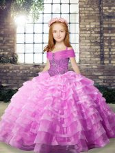  Straps Sleeveless Brush Train Lace Up Child Pageant Dress Lilac Organza