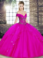 Lovely Sleeveless Tulle Floor Length Lace Up Sweet 16 Dresses in Fuchsia with Beading and Ruffles