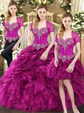 Cute Three Pieces Sweet 16 Quinceanera Dress Fuchsia Sweetheart Organza Sleeveless Floor Length Lace Up