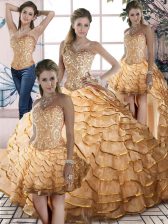  Gold Ball Gowns Sweetheart Sleeveless Organza Brush Train Lace Up Beading and Ruffled Layers Quinceanera Dresses