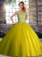 Yellow Green Ball Gowns Tulle Off The Shoulder Sleeveless Beading Lace Up Quinceanera Dress Brush Train