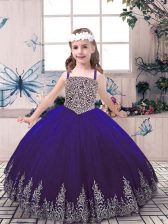 Stunning Floor Length Purple Girls Pageant Dresses Tulle Sleeveless Beading and Embroidery