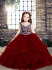 Super Red Sleeveless Tulle Lace Up Little Girl Pageant Gowns for Party and Wedding Party