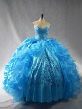 Fantastic Sleeveless Organza Floor Length Lace Up Quinceanera Dresses in Baby Blue with Embroidery and Ruffles