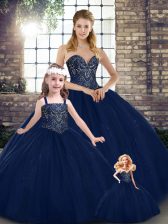  Sleeveless Floor Length Beading Lace Up Quinceanera Dress with Navy Blue