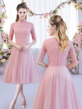 High Quality Half Sleeves Tea Length Lace Zipper Quinceanera Court Dresses with Pink 
